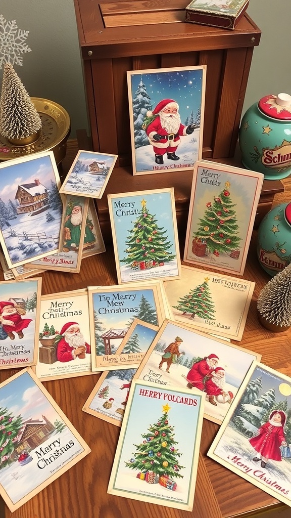 A charming display of vintage Christmas postcards with festive designs and messages on a wooden table.